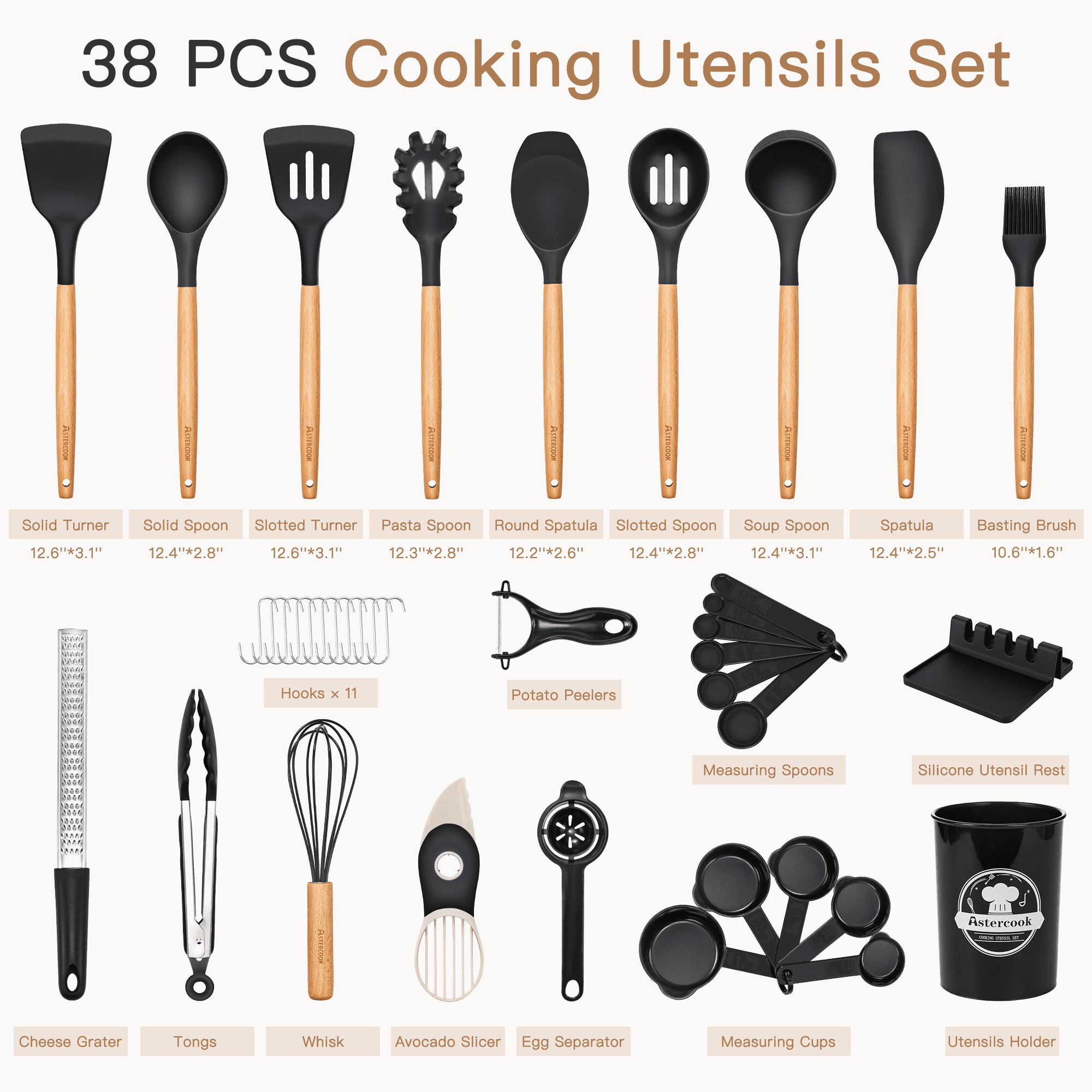 Heavy Duty Silicone Cooking Utensils Set, 38 PCS Kitchen Utensils Set for 446°F Heat Resistant, Food Grade Utensil Sets with Woo... - High-Precision Culinary Tool for Baking & Cooking Detail