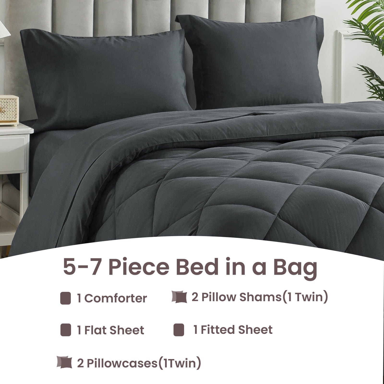 Fluffy Down Alternative Queen Bed in a Bag Comforter Set with 7 Pieces - Dark Gray All Season Bedding Sets with Comforter, Pillow Shams, Flat... - Luxurious Quilted Duvet Cover Set Detail