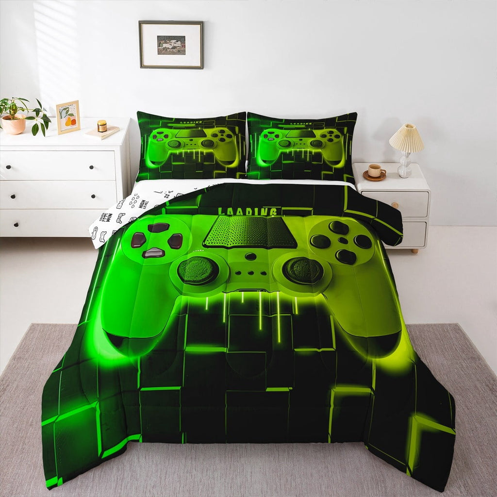 Heavyweight Warmth Green Yellow Gaming Full Size Comforter Sets - Gamer Comforter Full Size Bedding Set, Neon Lights Abstract Geometry D... - Hypoallergenic Ultra-Fluffy Quilt for Winter Detail