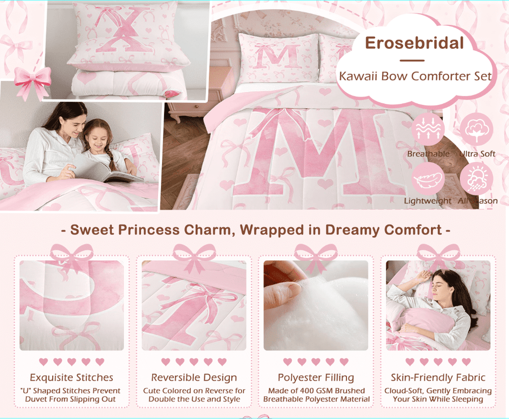 Hypoallergenic Cloud Kawaii Bowknot Bedding Sets Full with Comforter, Initial H Duvet Insert, Romantic Initial A-Z Decor, Reversible - Luxurious Quilted Duvet Cover Set Detail