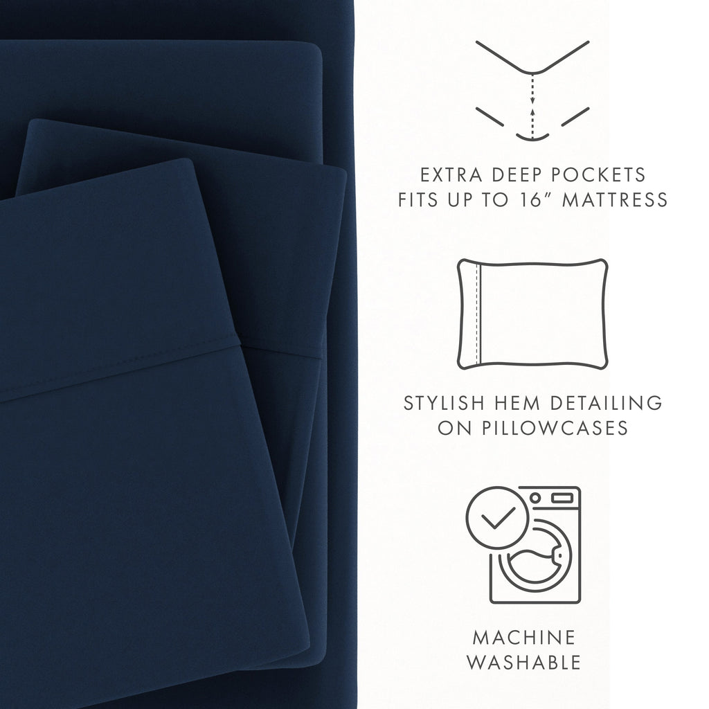 Ultra-Soft 4 Piece Solid Microfiber Bed Sheet Set, Navy, Queen - Premium Ultra-Soft Pillowcase Pair for Sleeping Detail