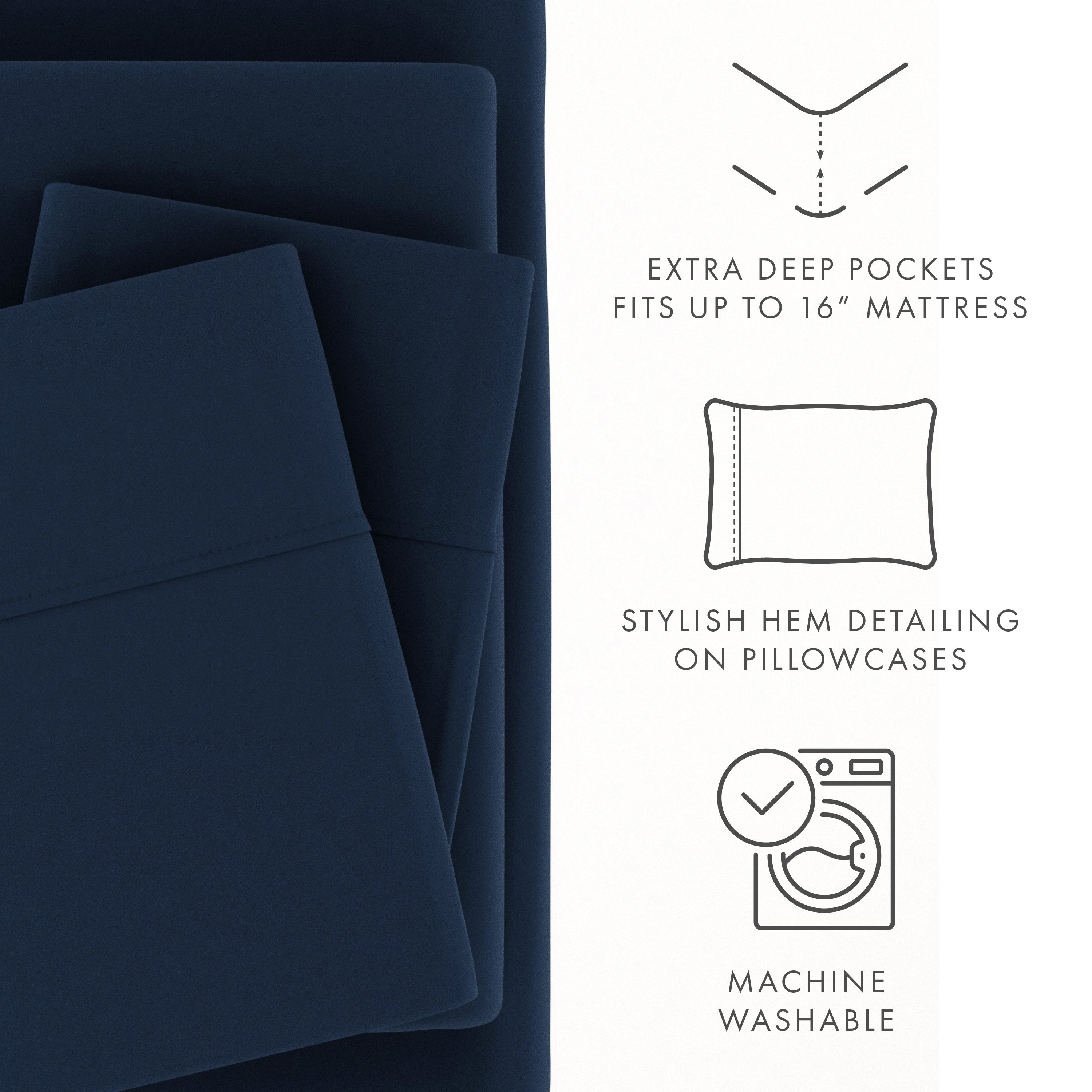 Ultra-Soft 4 Piece Solid Microfiber Bed Sheet Set, Navy, Queen - Premium Ultra-Soft Pillowcase Pair for Sleeping Detail