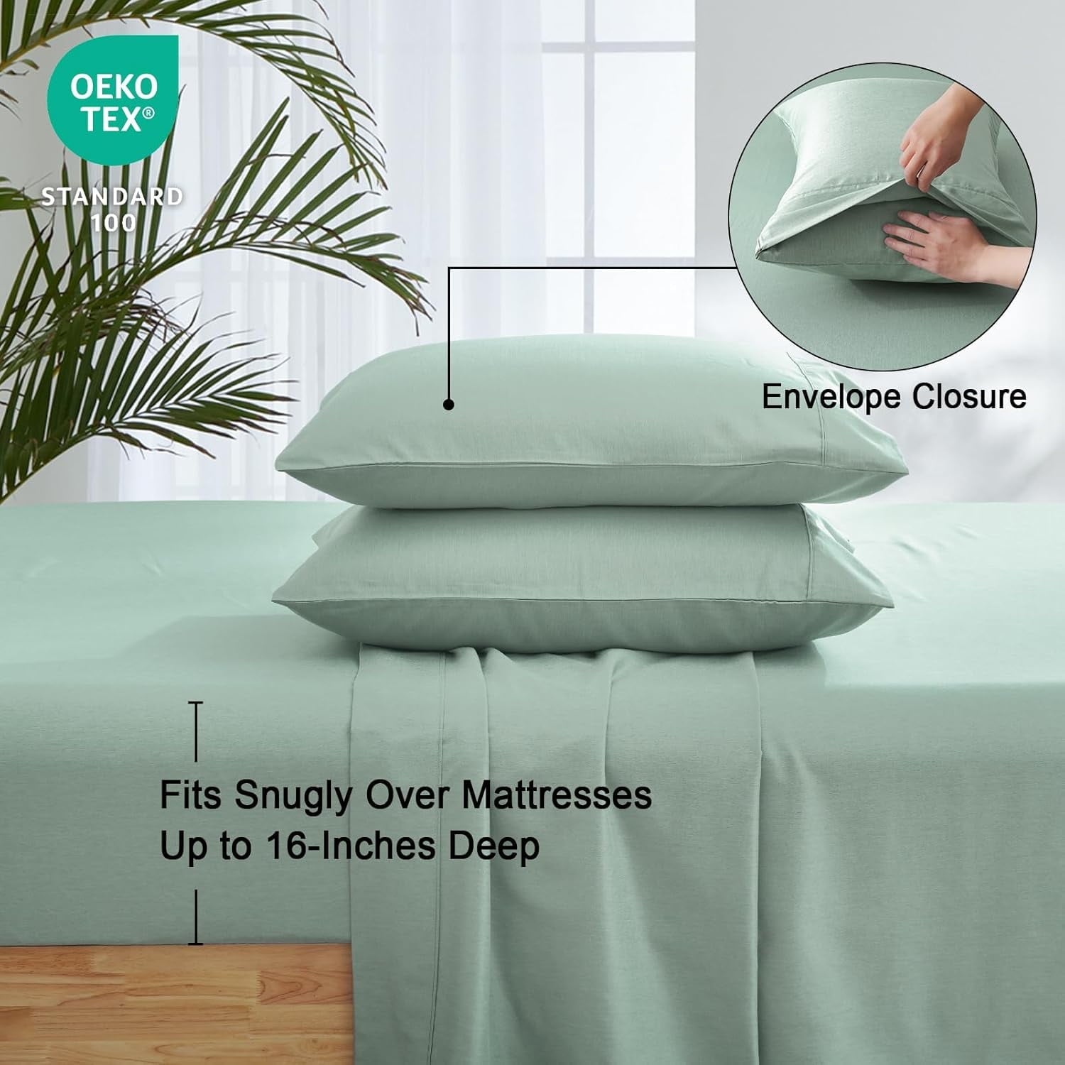 Breathable Luxury Bamboo Bed Sheet Sets, 4 Pieces King Silky Soft Bedding Sheets, 1800 Thread Count 16 Inch Deep Pockets, Sage Green - Premium Ultra-Soft Pillowcase Pair for Sleeping Detail