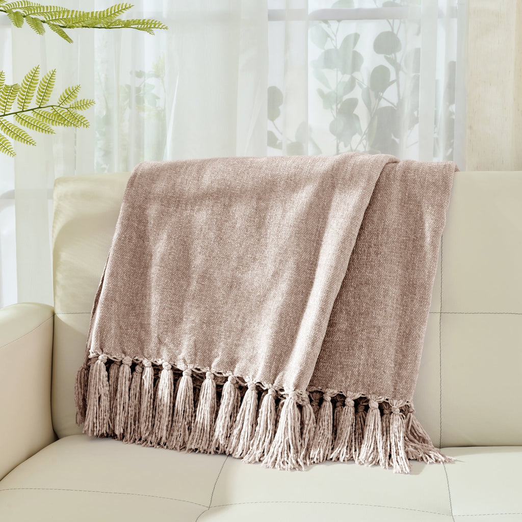 Reversible Sherpa Chenille Throw Blanket with Fringe Tassel for Couch Sofa Chair Bed, Taupe 50" X 60" - Lightweight Plush Warm Blanket for All Seasons Detail