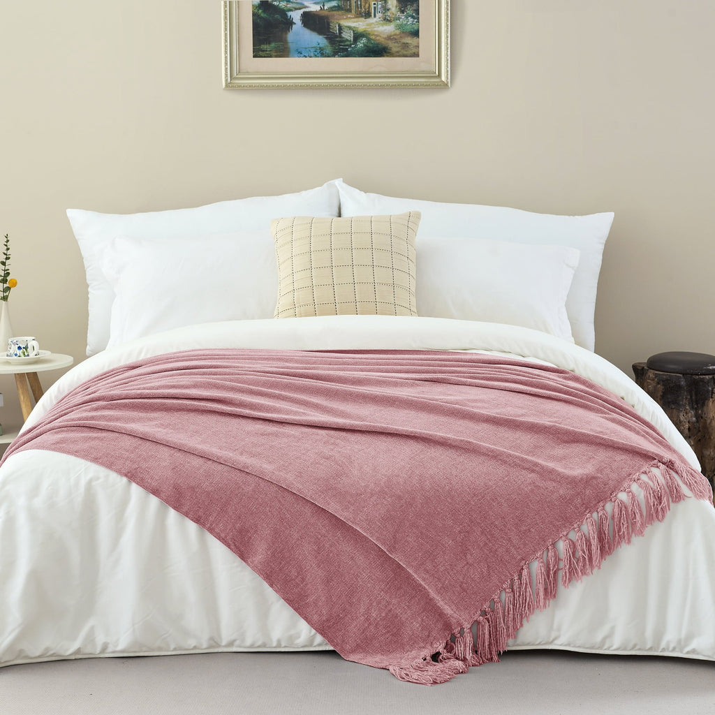 Cozy Fleece Chenille Throw Blanket with Fringe Tassel for Couch Sofa Chair Bed, Mauve 50" X 70" - Super Soft Reversible Sherpa Flannel Blanket Detail