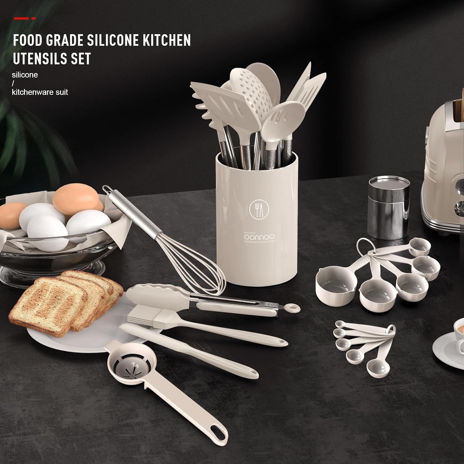 Non-Stick Safe Large Silicone Cooking Utensils Set - Heat Resistant Kitchen Utensils,Turner Tongs,Spatula,Spoon,Brush,Whisk,Stainles... - Premium Stainless Steel Cooking Utensil for Non-Stick Pots Detail