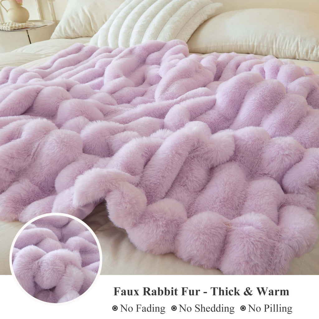 Super Soft Flannel Fluffy Faux Rabbit Fur Throw, Cozy Wide Stripe Plush Fuzzy Blanket for Bed Couch Sofa Chair, Light Purple Shaggy Thro... - Lightweight Plush Warm Blanket for All Seasons Detail