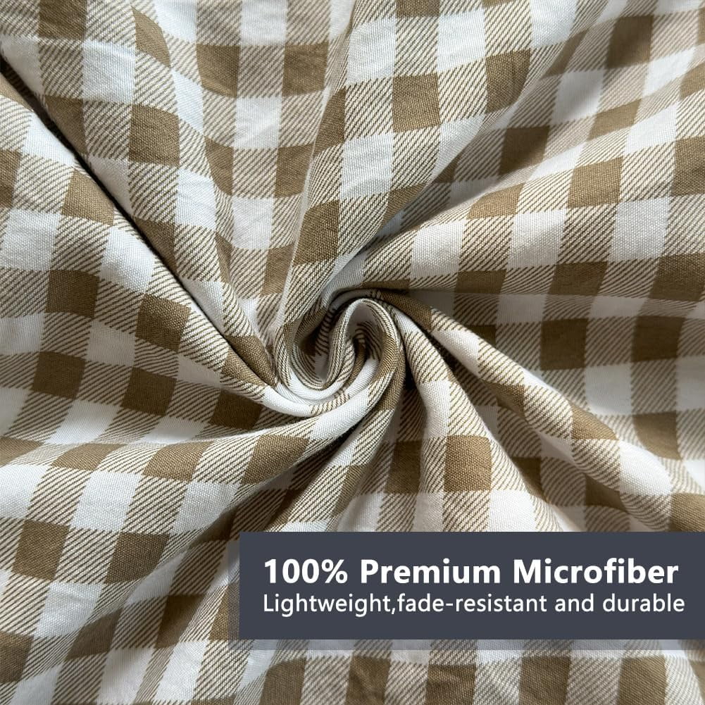 Breathable Luxury Tan Gingham Ruffle Queen Sheet Set, Taupe Soft Pre-Washed Microfiber Plaid Ruffled Queen Bed Sheets, 4-Pieces Farmhou... - Breathable Egyptian Cotton Flat & Fitted Sheets Detail