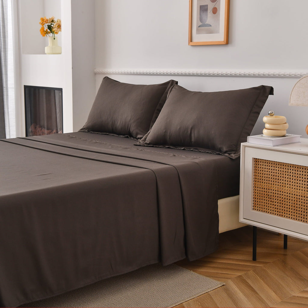 Wrinkle-Resistant Bed Sheets Set 4 Piece Queen/Full Sheet Set Brown Gray Cotton Blend Fitted Sheet, Flat Sheet & 2 Pillowcases Bedding Set - Breathable Egyptian Cotton Flat & Fitted Sheets Detail