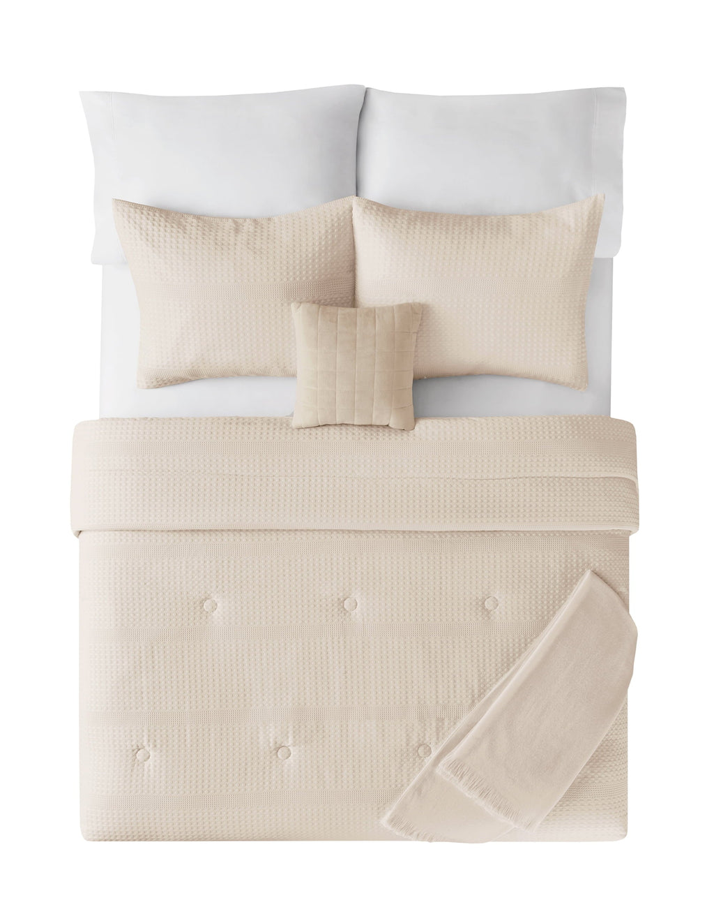 All-Season 5-Piece Papyrus Beige Waffle Comforter Set, Full/Queen - Luxurious Quilted Duvet Cover Set Detail