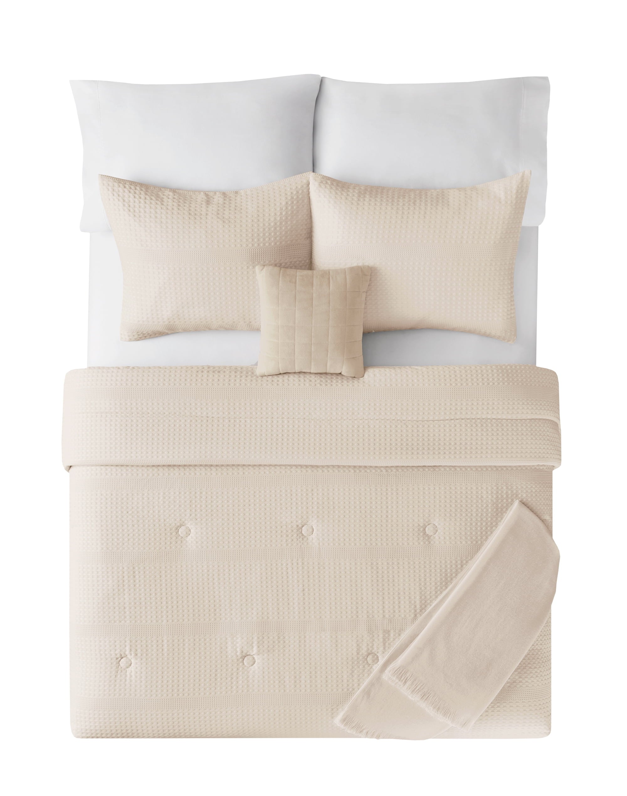 All-Season 5-Piece Papyrus Beige Waffle Comforter Set, Full/Queen - Luxurious Quilted Duvet Cover Set Detail