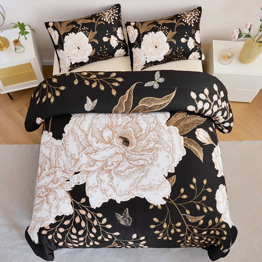 Heavyweight Warmth Black Floral Comforter Set Queen, Printed Comforter White Flowers Butterfly Bedding Set, 3 Pieces Botanical Reversibl... - Hypoallergenic Ultra-Fluffy Quilt for Winter Detail