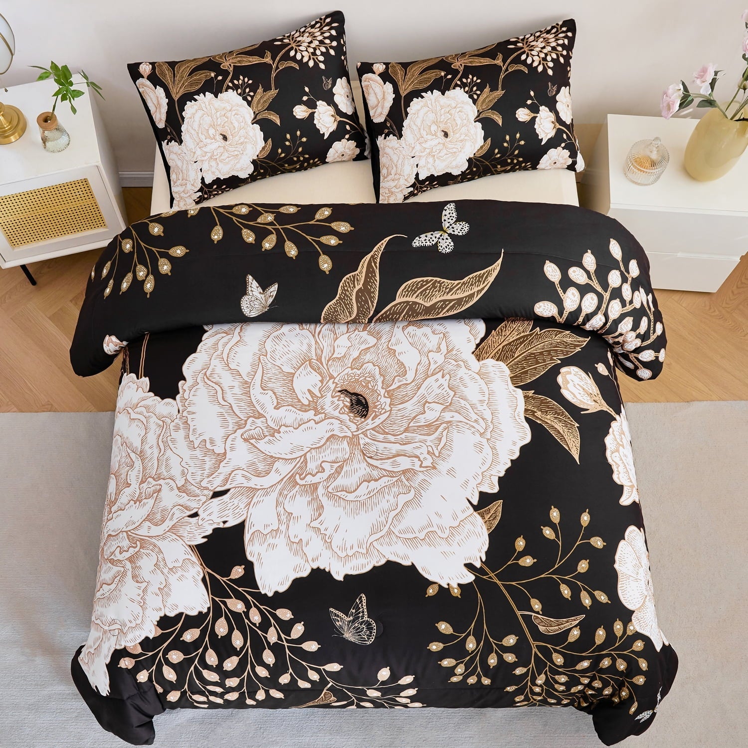 Heavyweight Warmth Black Floral Comforter Set Queen, Printed Comforter White Flowers Butterfly Bedding Set, 3 Pieces Botanical Reversibl... - Hypoallergenic Ultra-Fluffy Quilt for Winter Detail