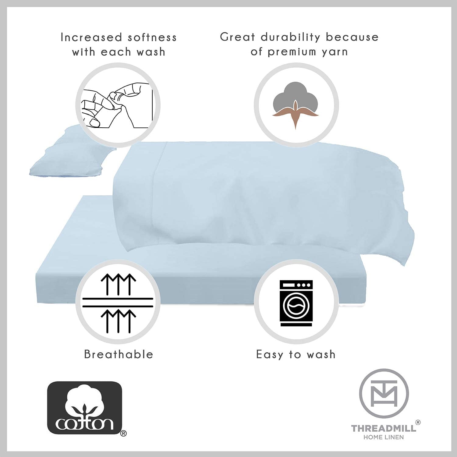 Breathable Luxury 100% Cotton King Bed Sheets Set - 4-Piece, 300 Thread Count, Lightweight Sateen, Light Blue - Luxury Bed Sheet Set with Deep Pockets Detail
