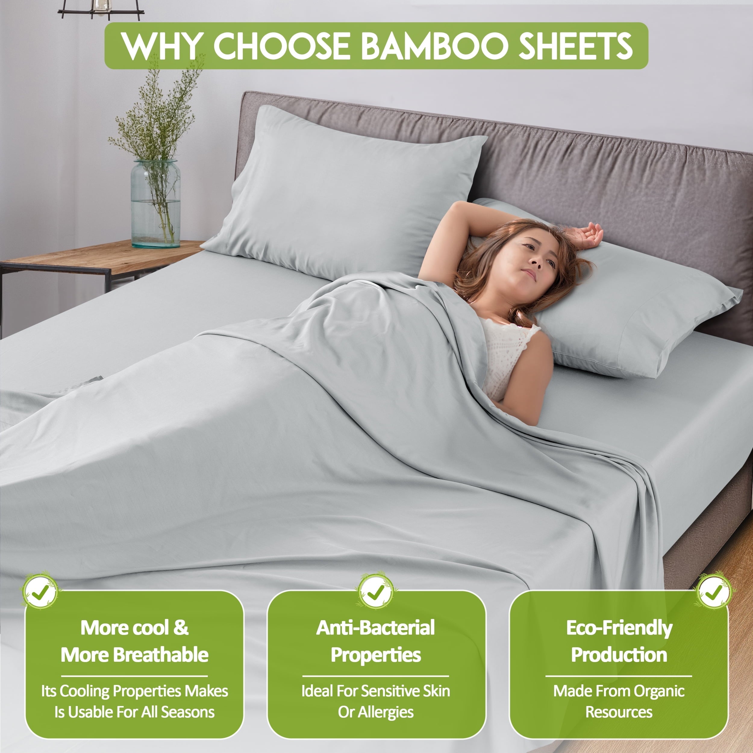 Cooling Sateen Rayon - 4 Piece Cooling Bed Sheets Set, Gray - Cooling Hotel Quality Bedding Sheets and Pillowcases Detail
