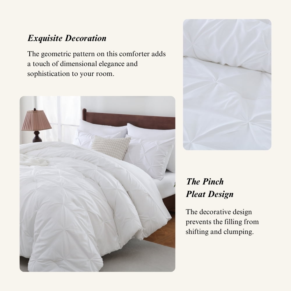 All-Season 7 Pieces Pinch-Pleated Comforter Set, White Queen Size - Luxurious Quilted Duvet Cover Set Detail