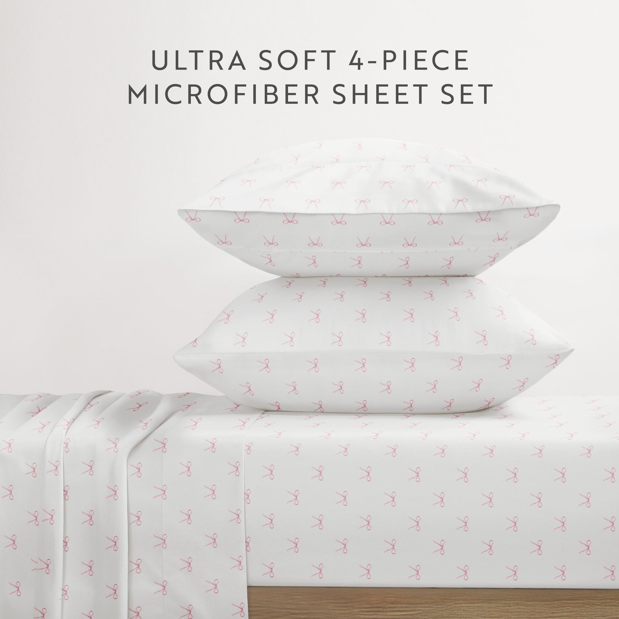 Breathable Luxury 3 Piece Ditsy Pattern Microfiber Bed Sheets, Pink Bows, Twin-XL - Breathable Egyptian Cotton Flat & Fitted Sheets Detail