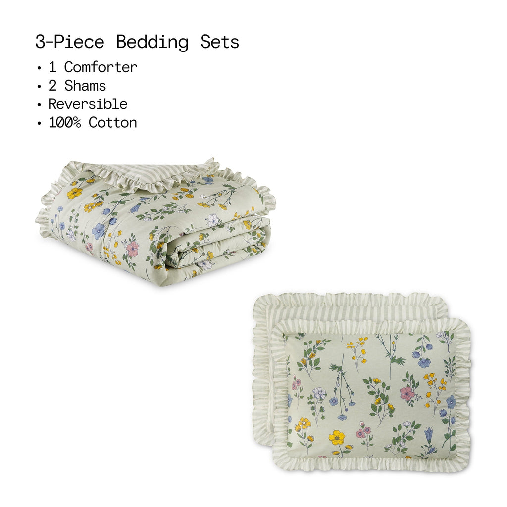 Luxurious Quilted 100% Cotton Botanical 3-Piece Sage Green Comforter Set, Full/Queen - Hypoallergenic Ultra-Fluffy Quilt for Winter Detail
