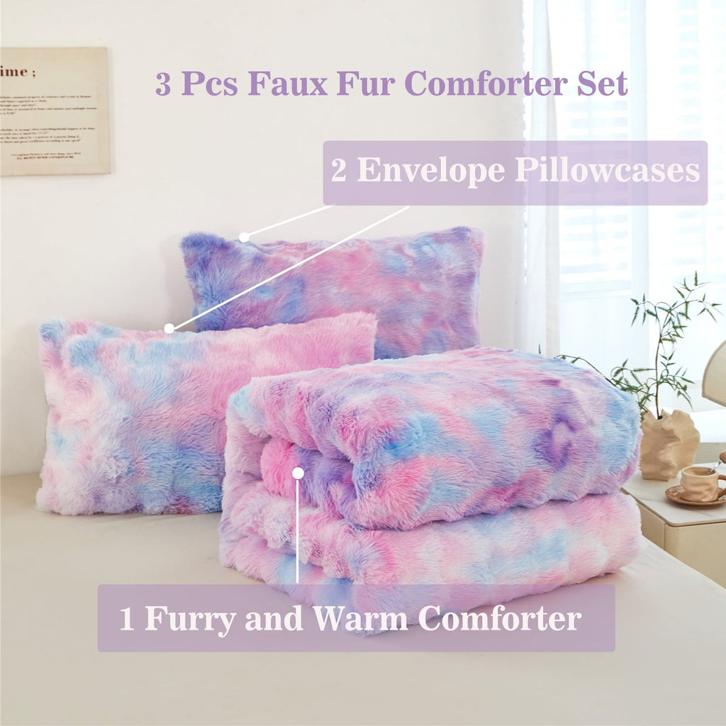 All-Season Faux Rabbit Fur Comforter Set Twin 3Pcs Girls Blue Purple Bedding Set Tie-Dyeing Soft Bed Comforter Set Warm Fuzzy Ki... - Cloud-Like Soft Lightweight Bed Comforter Detail
