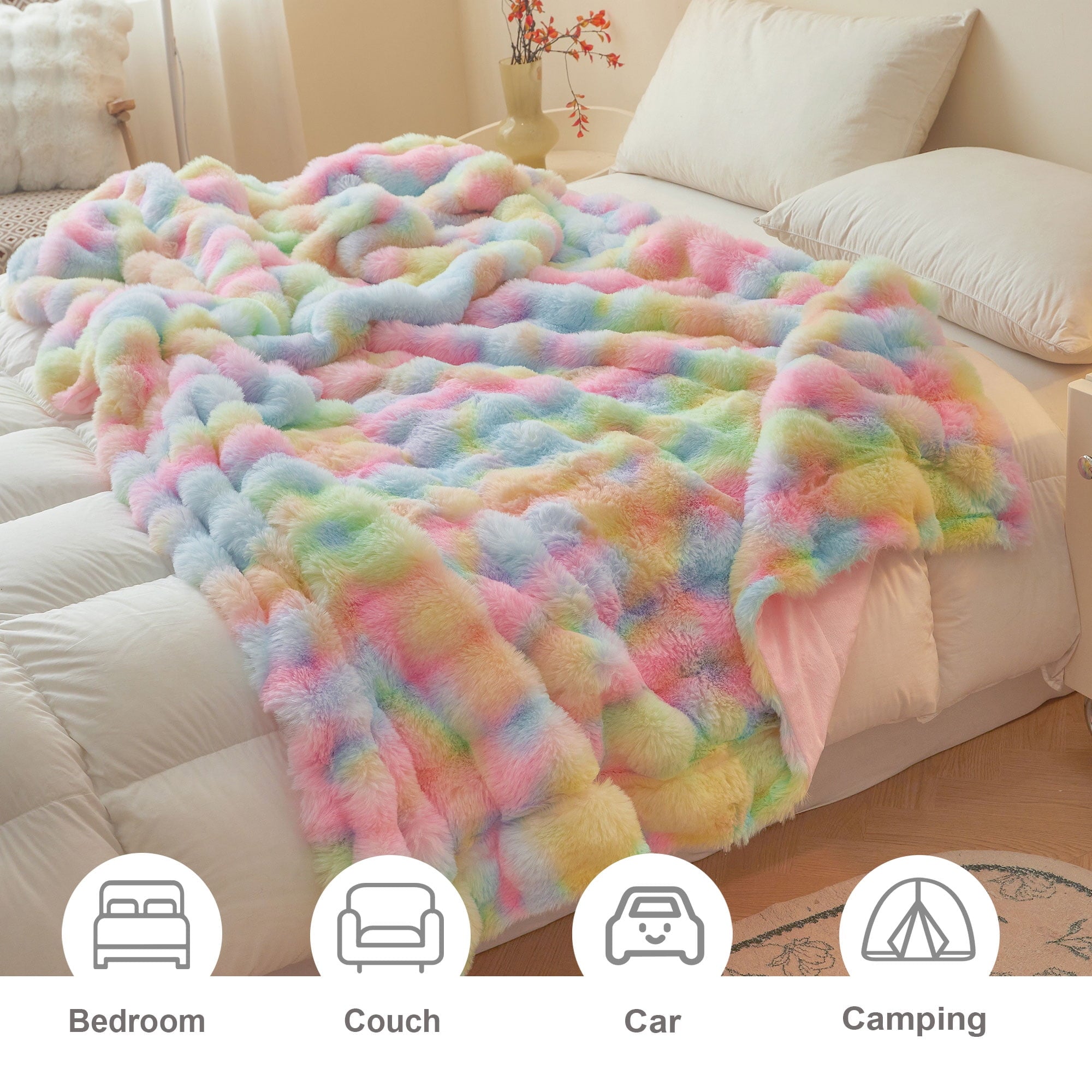 Reversible Sherpa Fluffy Faux Rabbit Fur Bubble Throw, Rainbow Plush Shaggy Blanket for Couch Sofa Chair, Soft Tie Dye Furry Blanket Ad... - Super Soft Reversible Sherpa Flannel Blanket Detail