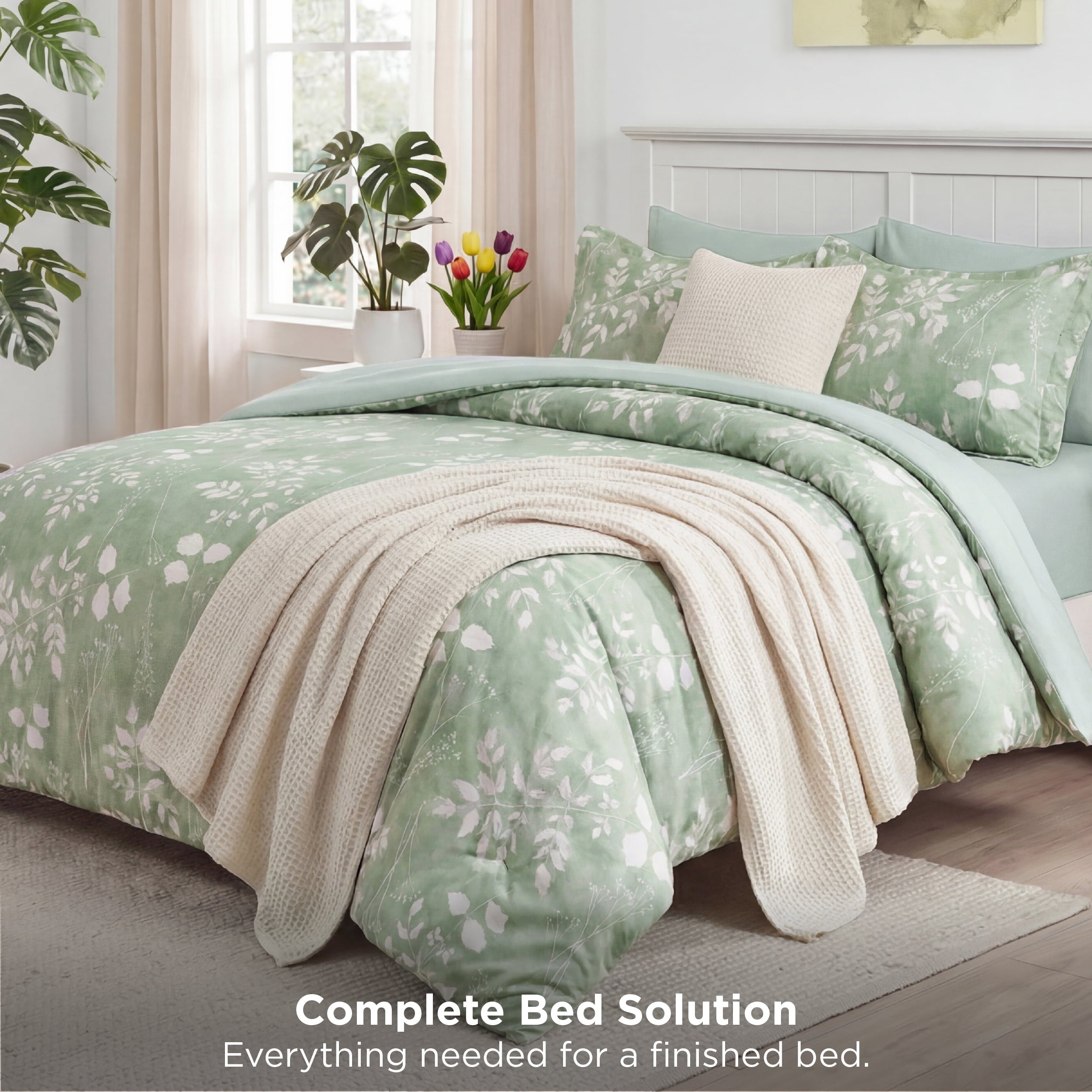 Luxurious Quilted Queen Comforter Set Sage Green, Bed in a Bag Queen Size Bedding, 7-Pieces Botanical Flowers Spring Comforter, Sheets,... - All-Season Down Alternative Comforter Insert Detail