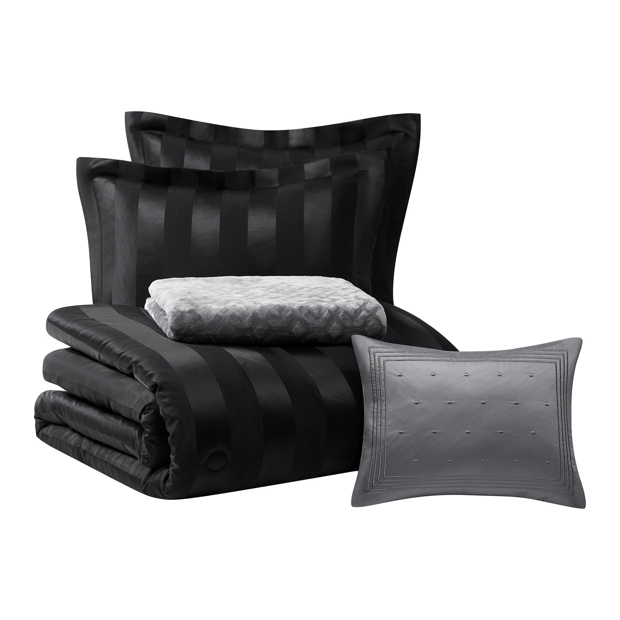 All-Season Rich Black 5 Piece Damask Stripe Comforter Set, King, Adult, Unisex - Luxurious Quilted Duvet Cover Set Detail