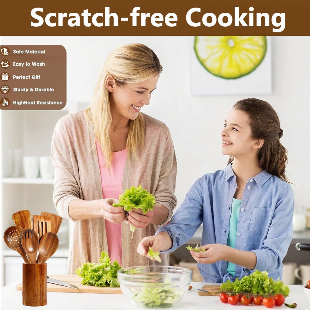Heat-Resistant Wooden Spoons for Cooking, 8 Pcs Natural Teak Wooden Utensils Set, Non-Stick & Heat Resistant Durable Wood ... - Heat-Resistant Silicone Cooking Spatula Turner Detail