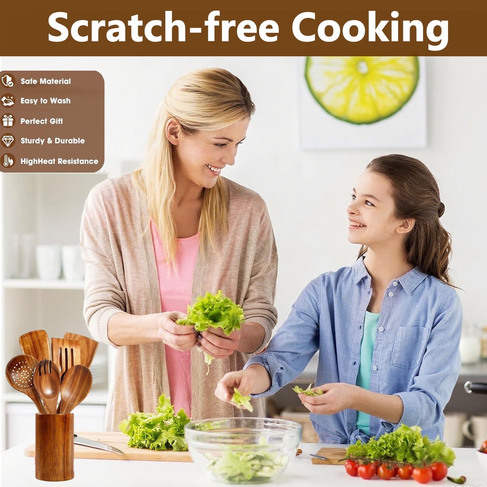 Heat-Resistant Wooden Spoons for Cooking, 8 Pcs Natural Teak Wooden Utensils Set, Non-Stick & Heat Resistant Durable Wood ... - Heat-Resistant Silicone Cooking Spatula Turner Detail