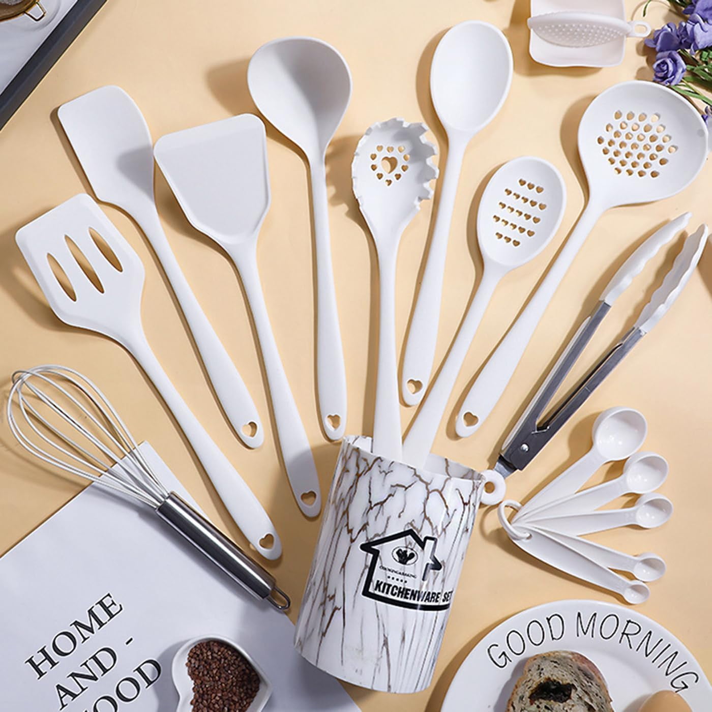Heat-Resistant Silicone Cooking Utensils Set - 446°F Heat Resistant Kitchen Utensils,Turner Tongs,Spatula,Spoon,Brush,Whisk,Kitchen ... - Ergonomic Kitchen Tongs and Cooking Spoon Utensil Detail