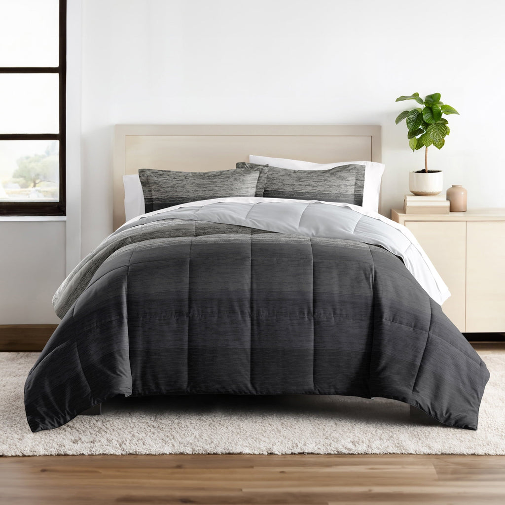 Luxurious Quilted All Season Ultra Soft Comforter Set Lightweight Bedding in Gray/Black Ombre for Full/Queen Size - All-Season Down Alternative Comforter Insert Detail