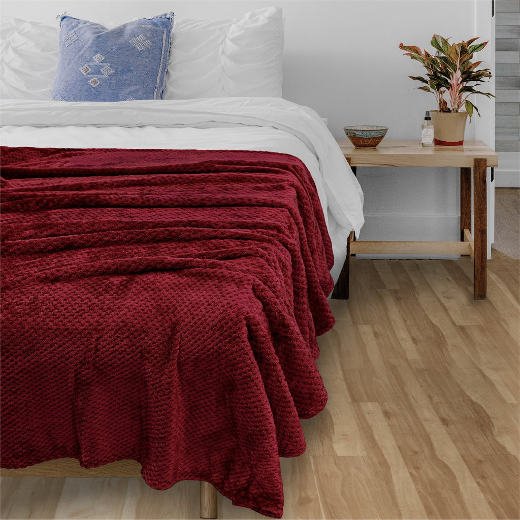 Super Soft Flannel Maroon Red Throw Blanket for Couch, Twin Bed, Soft Fleece Throws for Sofa Chair, Fuzzy Waffle Textured Blanket, Cozy ... - Cozy Fleece Throw Blanket for Couch & Bed Detail