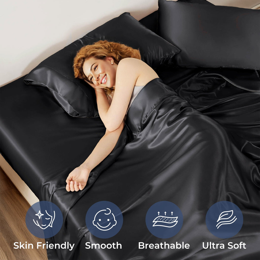 Wrinkle-Resistant Set, Queen, Silky Bed s, 4 Pieces,Black - Breathable Egyptian Cotton Flat & Fitted Sheets Detail