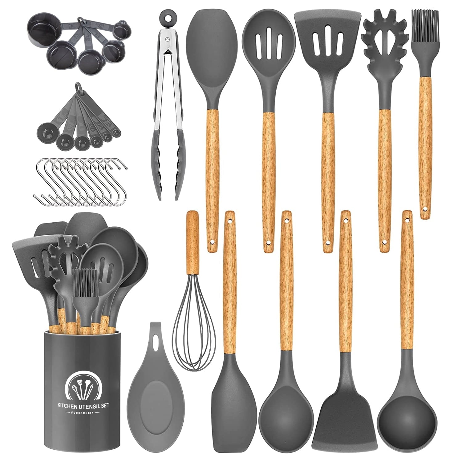 Heat-Resistant Silicone Cooking Utensils Set, 446°F Heat Resistant Wooden Handle Cooking Kitchen Utensils Spatula Set with Holder fo... - Heat-Resistant Silicone Cooking Spatula Turner - Default Title