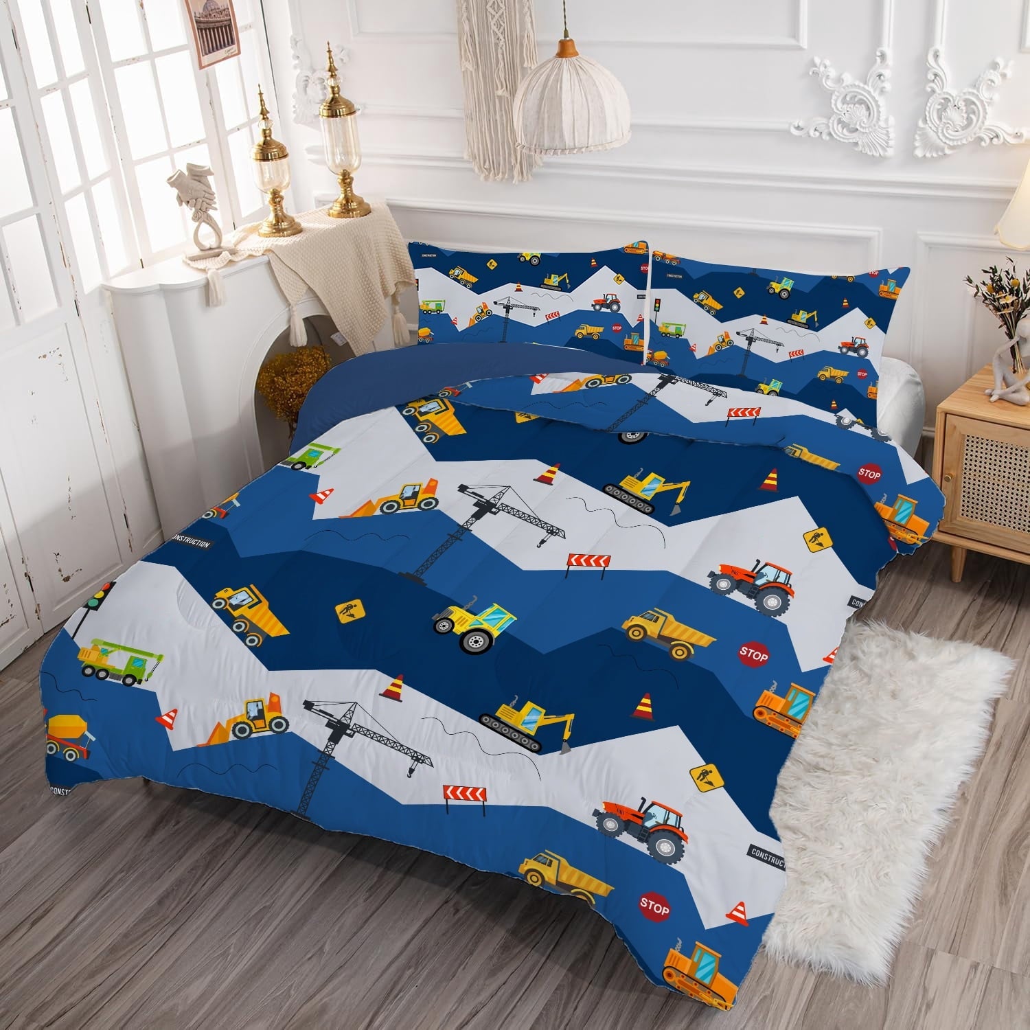 Luxurious Quilted Car Comforter Set Construction Bedding Set for Boys Kids Trucks Comforter Cartoon Car Excavator Tractor Blue 3Pcs Twin - All-Season Down Alternative Comforter Insert Detail