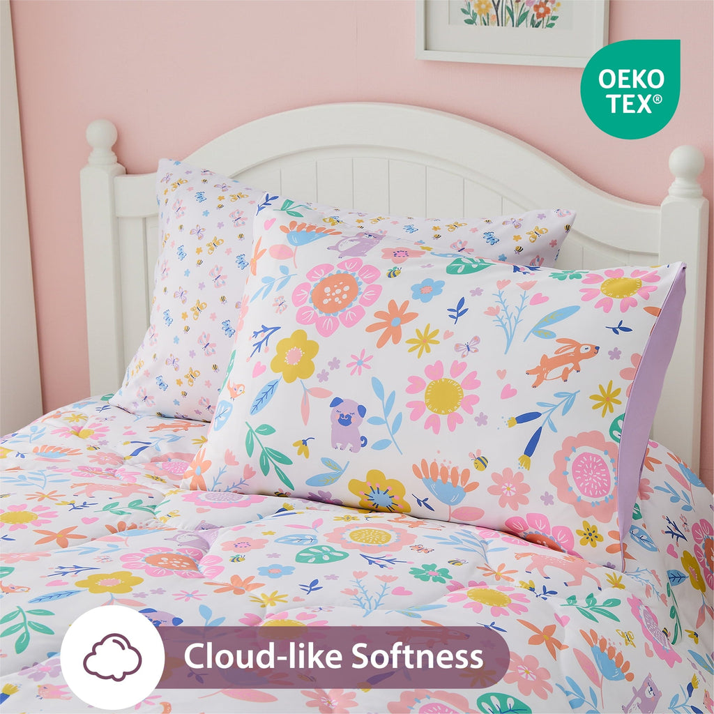 Luxurious Quilted Floral Comforter Set, Soft Microfiber Flower Bedding Set, 5 Pieces with Comforter, Sheets and Pillowcases, Twin - Hypoallergenic Ultra-Fluffy Quilt for Winter Detail
