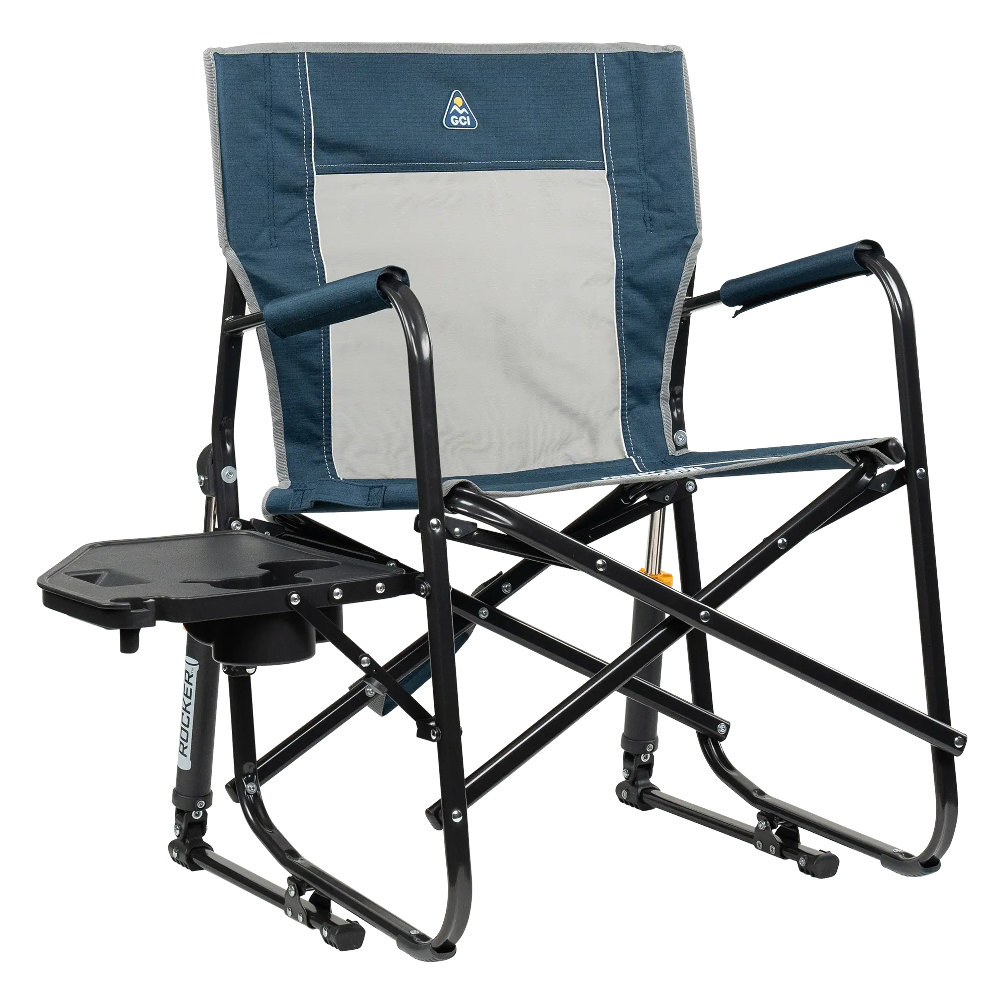 Smooth Motion Freestyle Rocker with Side Table - Choice 853 - Patented Spring-Action Rocking Chair for Camping - Heathered Indigo