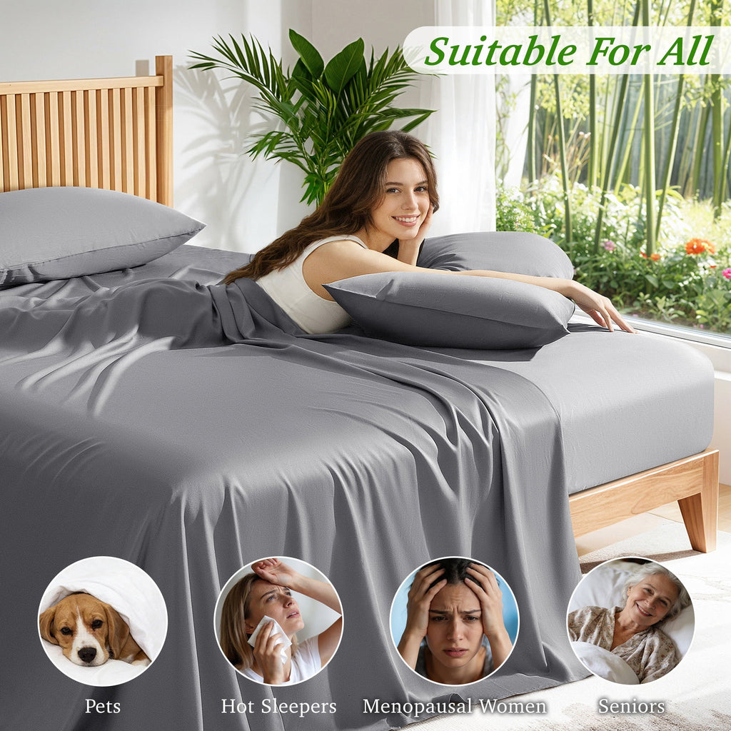 Breathable Luxury Bamboo Queen Sheet Set, Luxury Soft 4 Pieces Bed Sheets with 18" Deep Pocket, Gray - Breathable Egyptian Cotton Flat & Fitted Sheets Detail