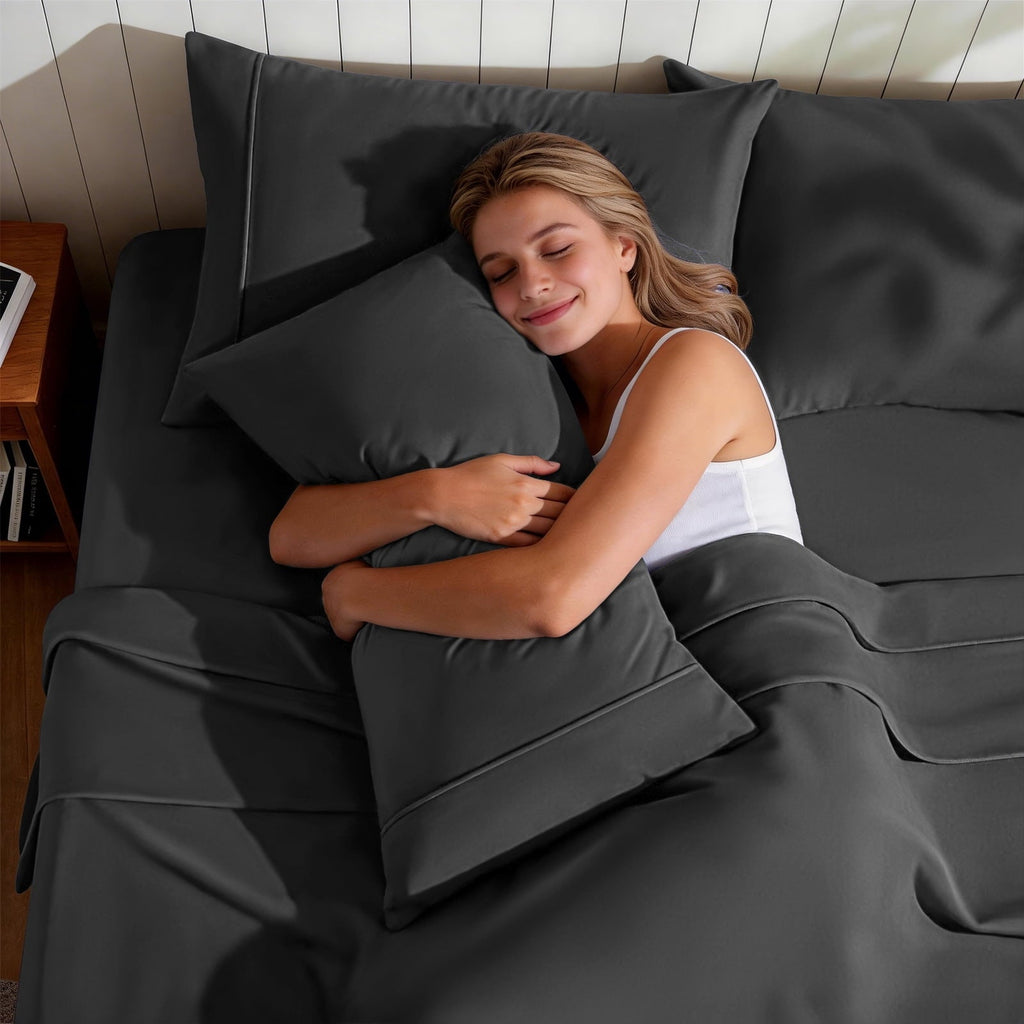 Wrinkle-Resistant Sheets,Soft Hotel Luxury Polyester Washed Cotton,4 Piece Sheets Set,with 14" Deep Pocket,Dark Gray - Premium Ultra-Soft Pillowcase Pair for Sleeping Detail