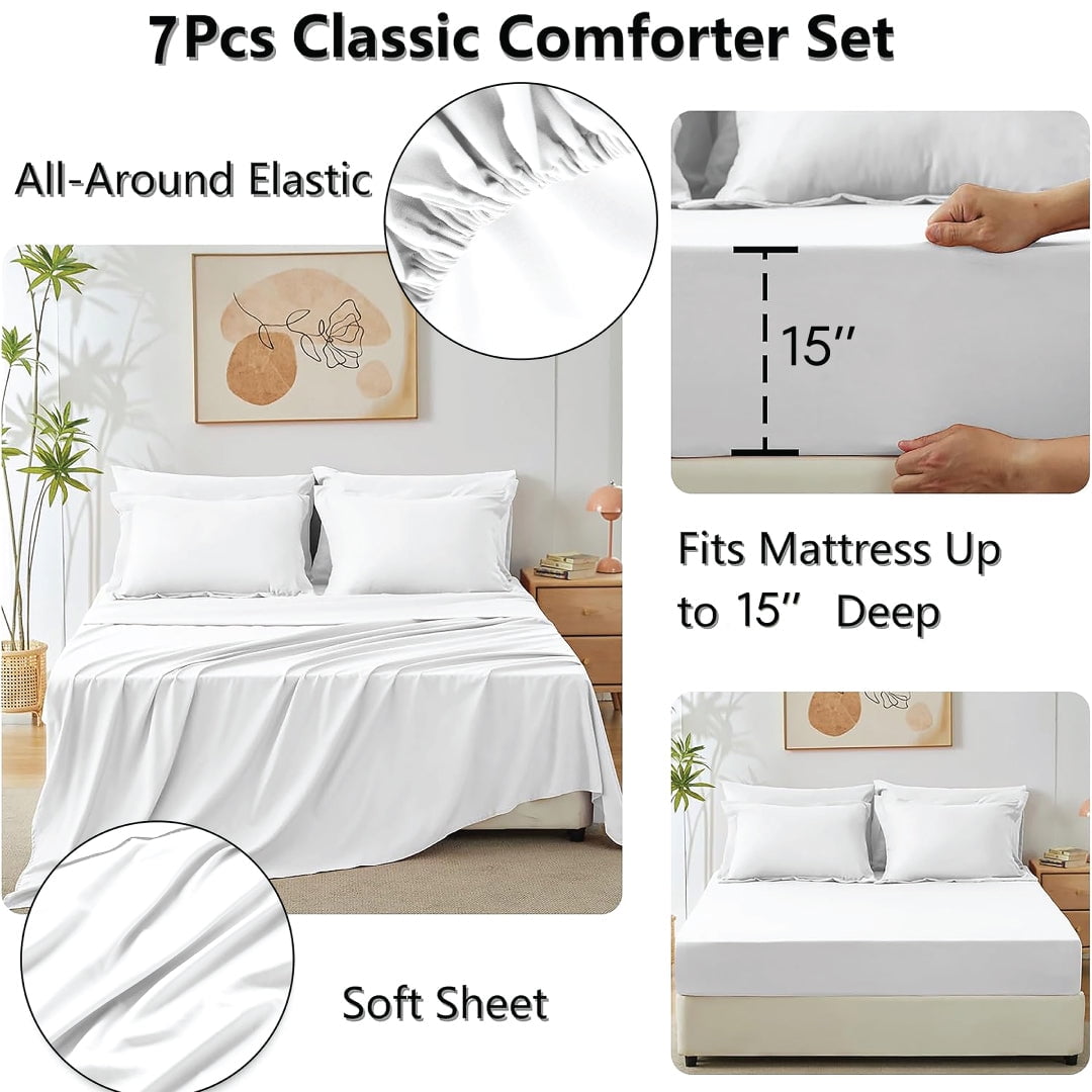 Luxurious Quilted Comforter Set 7-Piece Bed in a Bag - Adult, White, Queen - Luxurious Quilted Duvet Cover Set Detail
