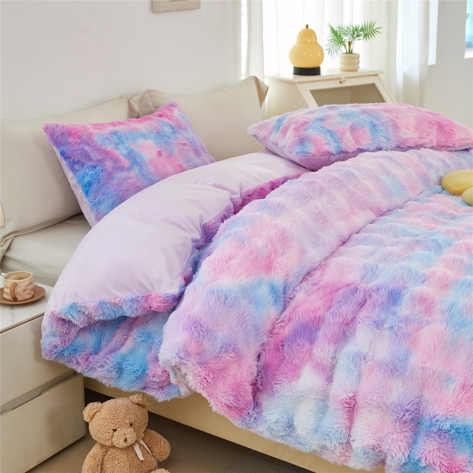 All-Season Faux Rabbit Fur Comforter Set Twin 3Pcs Girls Blue Purple Bedding Set Tie-Dyeing Soft Bed Comforter Set Warm Fuzzy Ki... - Cloud-Like Soft Lightweight Bed Comforter Detail