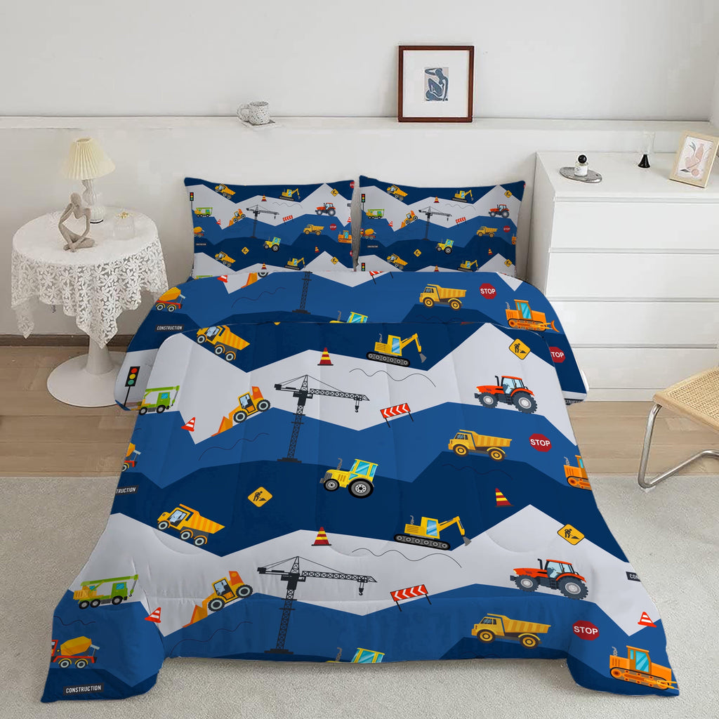 Luxurious Quilted Car Comforter Set Construction Bedding Set for Boys Kids Trucks Comforter Cartoon Car Excavator Tractor Blue 3Pcs Twin - All-Season Down Alternative Comforter Insert Detail