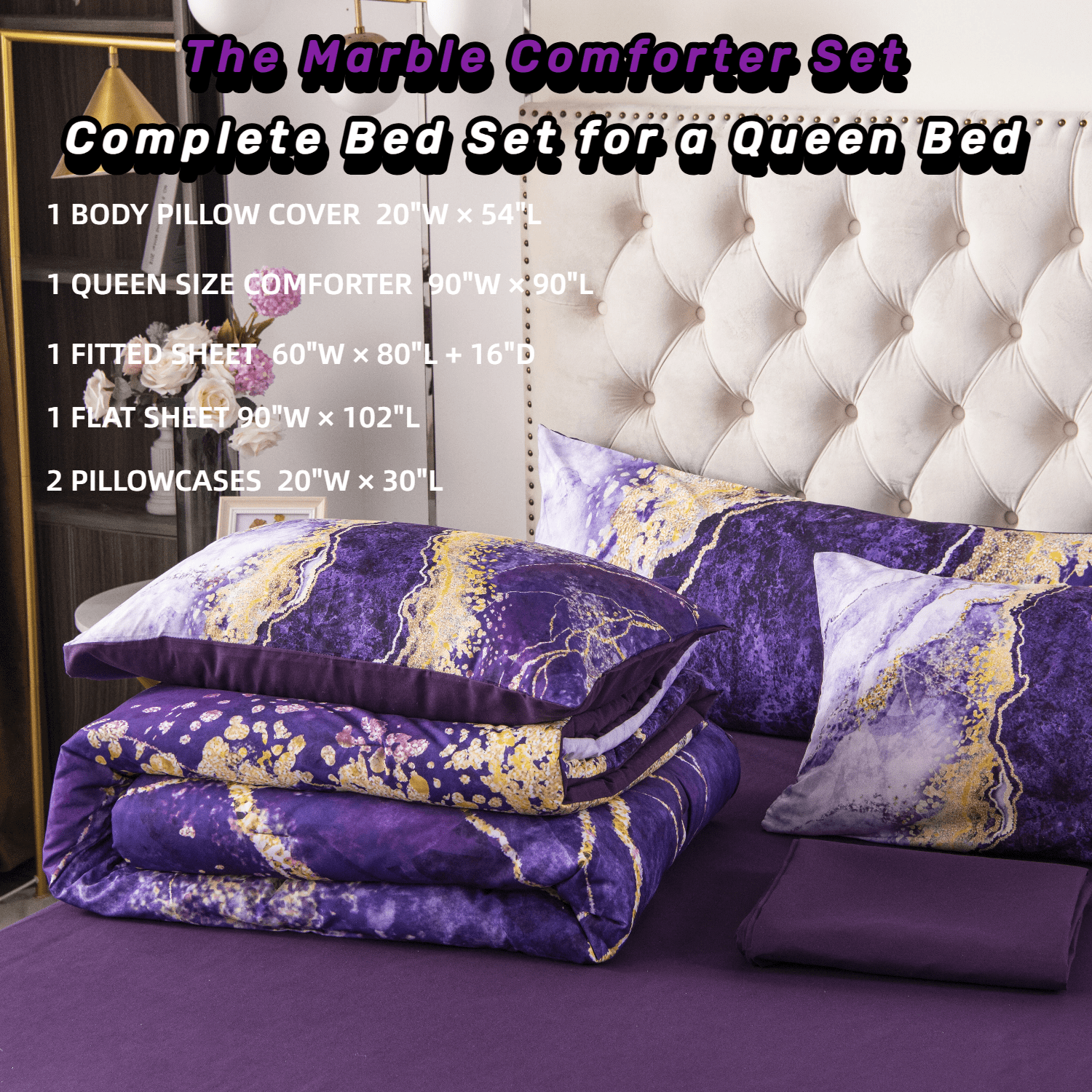 All-Season 6 Pieces Queen Size Comforter Set Purple,Watercolor Marble Colorful Purple Bedding,Ultra Soft Purple Bed Set with Com... - Luxurious Quilted Duvet Cover Set Detail