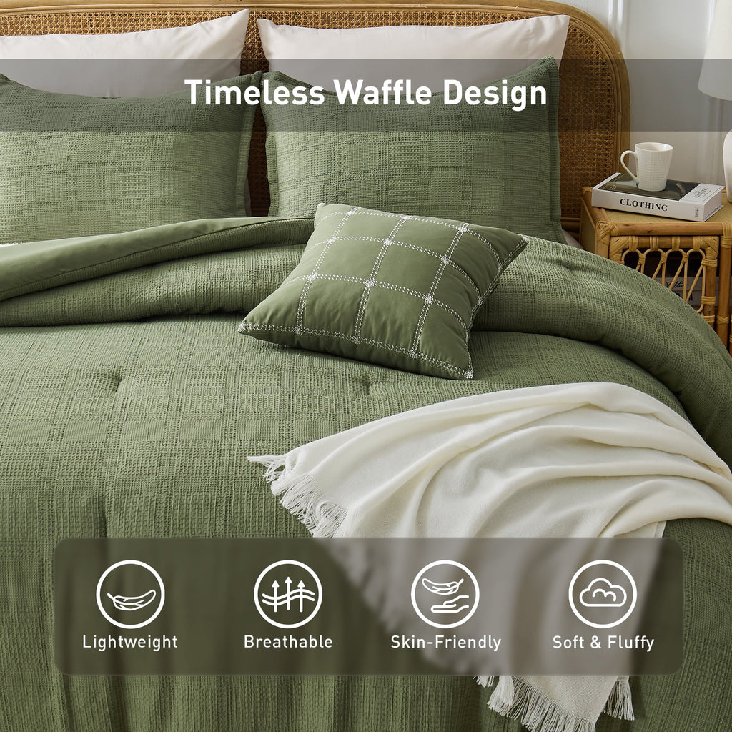 Hypoallergenic Cloud Waffle Weave Comforter Set with Throw Blanket for Couch, 5-Piece King/Cal King Size Lightweight Comforter Bet Set for... - Cloud-Like Soft Lightweight Bed Comforter Detail