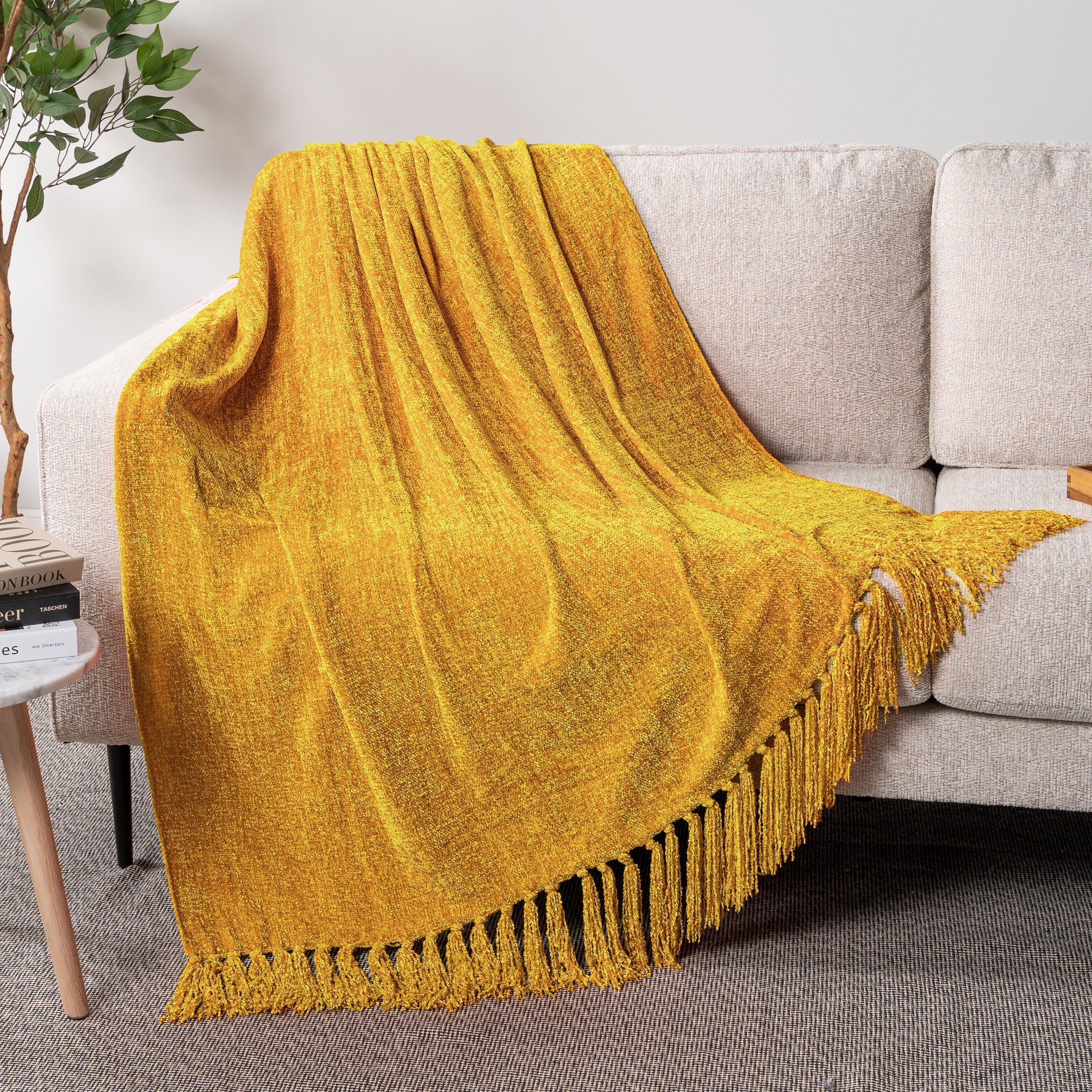 Super Soft Flannel Mustard Yellow Chenille Throw Blanket for Couch, Soft Gold Knit Blanket with Tassel Fringe, Woven Chenille Knitted De... - Lightweight Plush Warm Blanket for All Seasons Detail