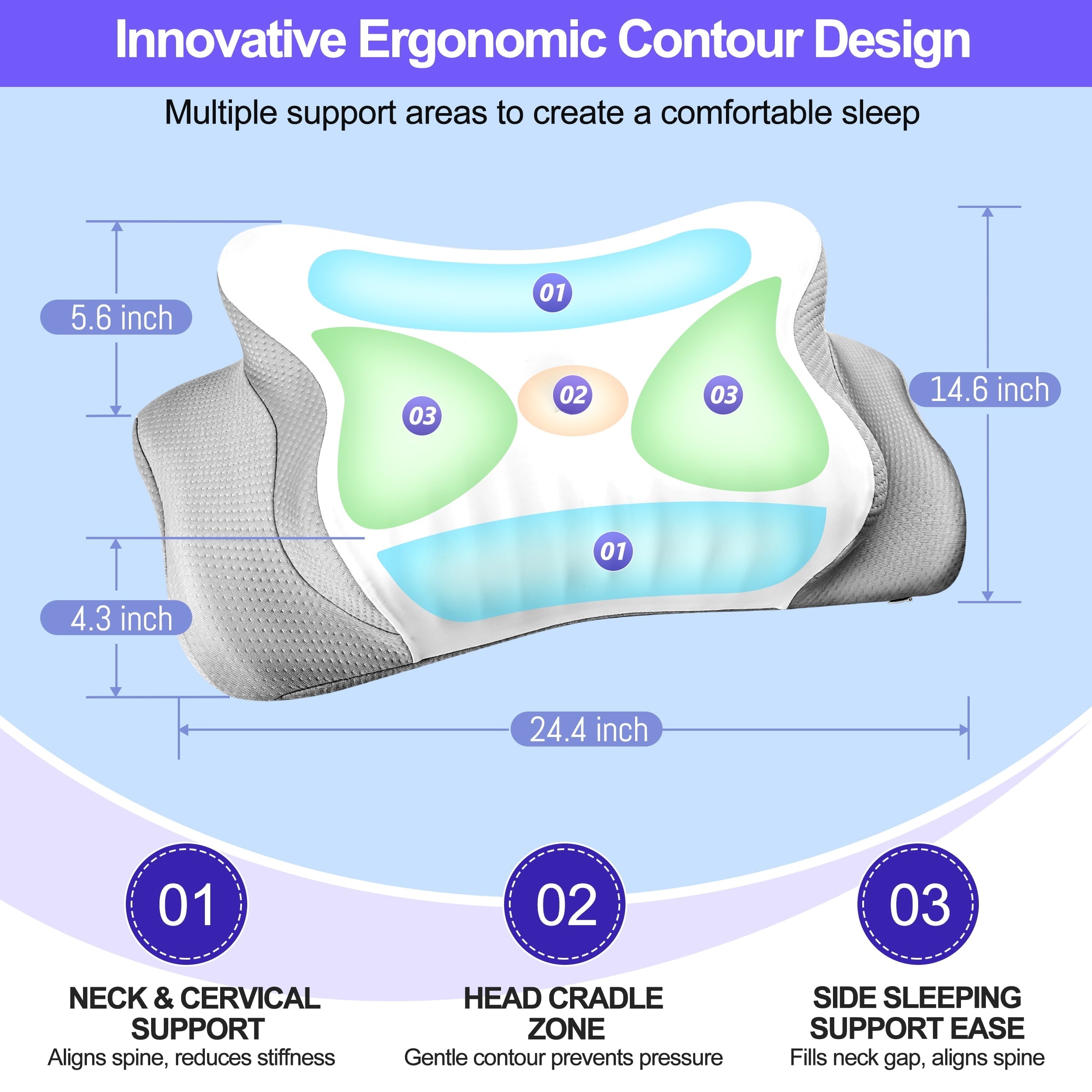 Ergonomic Memory Foam Ergonomic Cervical Pillows，Memory Foam Bed Pillow for Neck & Shoulder Pain Relief for Side Back Stomach Sleepers White - Orthopedic Shredded Foam Bed Pillow Set Detail