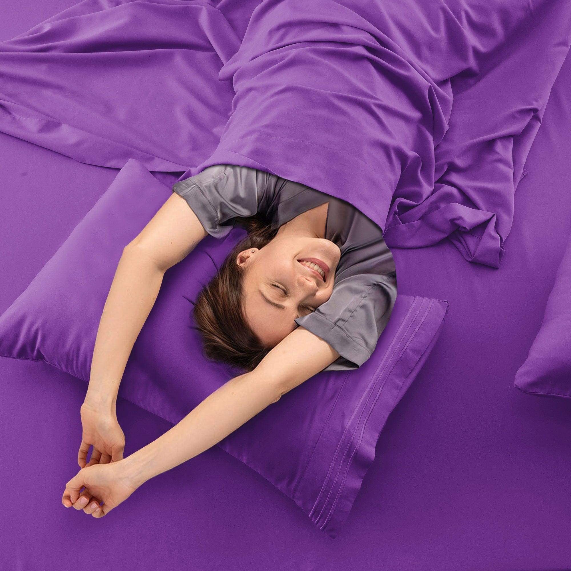 Cooling Sateen King Bed Sheets - 16 Inch Deep Pocket 6 Piece Microfiber Bedding Sheets & Pillowcase Sets - Purple - Luxury Bed Sheet Set with Deep Pockets Detail