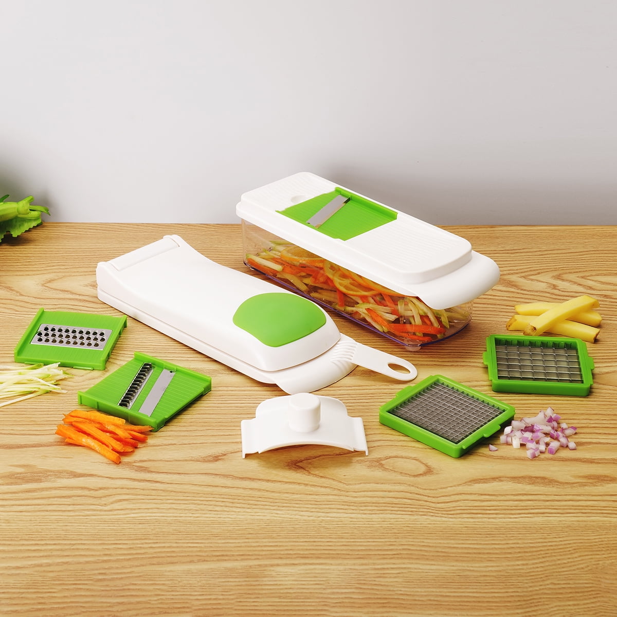 Innovative 11 Pieces Multi-Function Nice Dicer and Mandoline, Stainless Steel, Green Glaze, 820g - Multi-Functional Manual Food Chopper & Slicer Detail