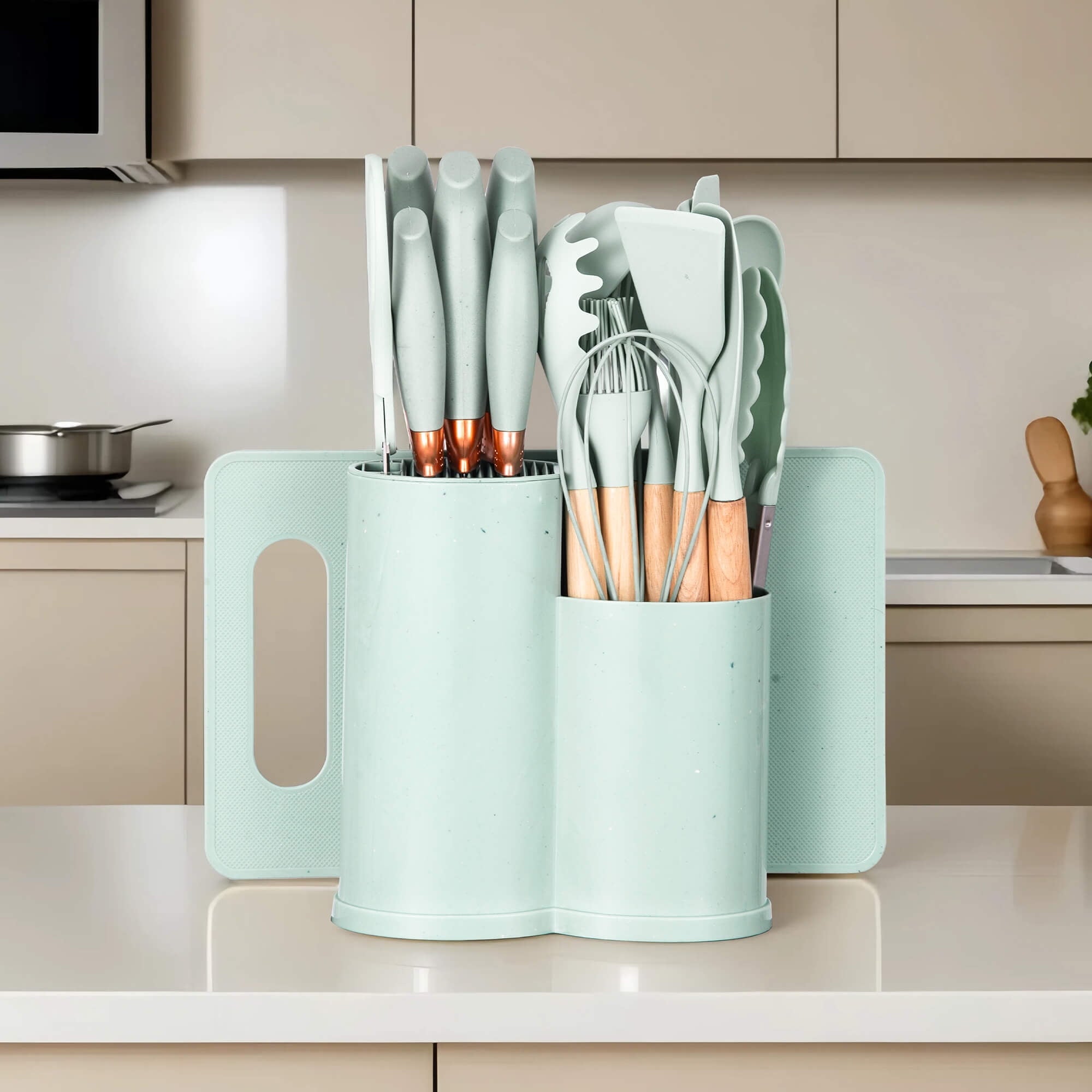 Non-Stick Safe 19pcs Silicone Kitchen Utensil Set, Heat-Resistant Non-Stick Easy Cooking Cleaning Home Light-Green - Ergonomic Kitchen Tongs and Cooking Spoon Utensil Detail