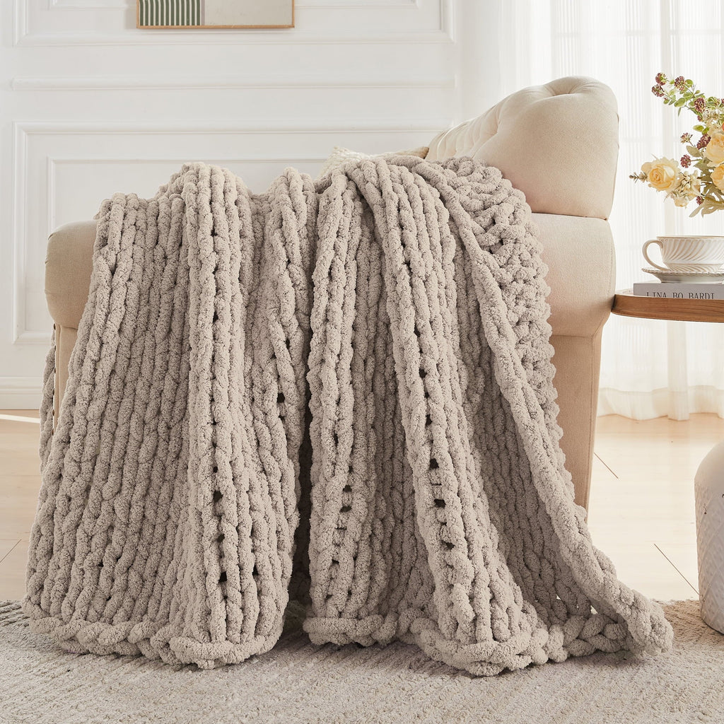 Reversible Sherpa Chunky Knit Throw Blanket Handmade Soft Throws for Couch Sofa Bed, 50" x 60" Taupe - Luxury Knitted Decorative Throw Blanket with Fringes Detail