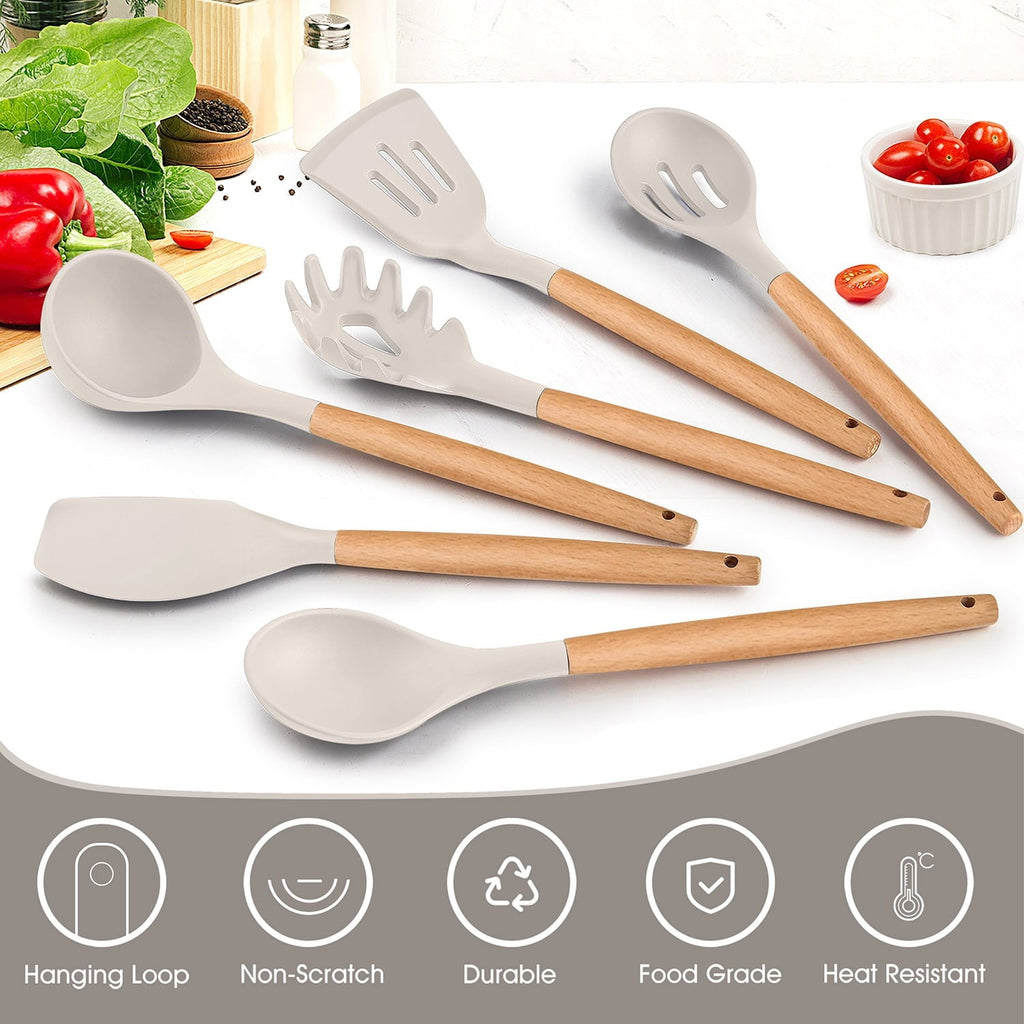 Chef-Quality Kitchen Utensils Set of 6, Silicone Cooking Utensils with Wooden Handle, Non-Stick Cookware & Heat Resistant, Include... - High-Precision Culinary Tool for Baking & Cooking Detail